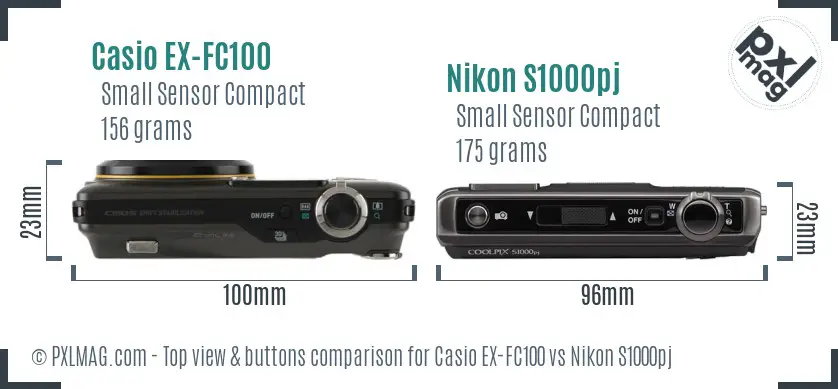 Casio EX-FC100 vs Nikon S1000pj top view buttons comparison