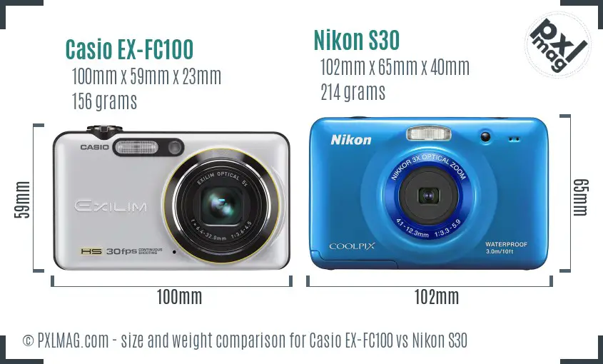 Casio EX-FC100 vs Nikon S30 size comparison