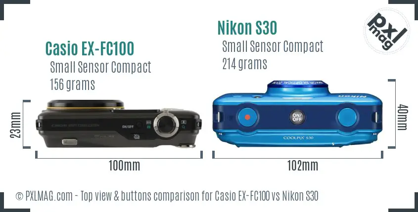 Casio EX-FC100 vs Nikon S30 top view buttons comparison