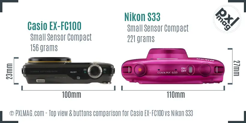 Casio EX-FC100 vs Nikon S33 top view buttons comparison