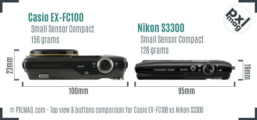 Casio EX-FC100 vs Nikon S3300 top view buttons comparison Casio EX-FC100 vs Nikon S3300 top view buttons comparison