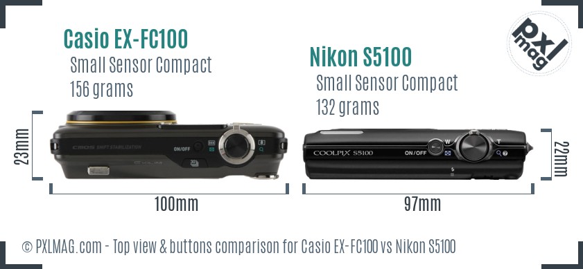 Casio EX-FC100 vs Nikon S5100 top view buttons comparison