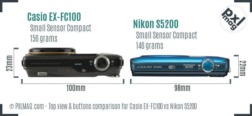 Casio EX-FC100 vs Nikon S5200 top view buttons comparison