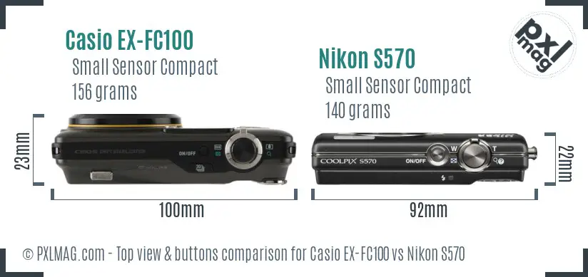 Casio EX-FC100 vs Nikon S570 top view buttons comparison