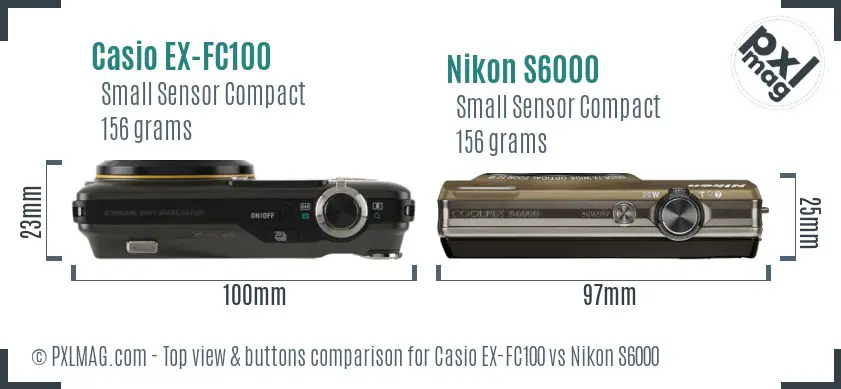 Casio EX-FC100 vs Nikon S6000 top view buttons comparison