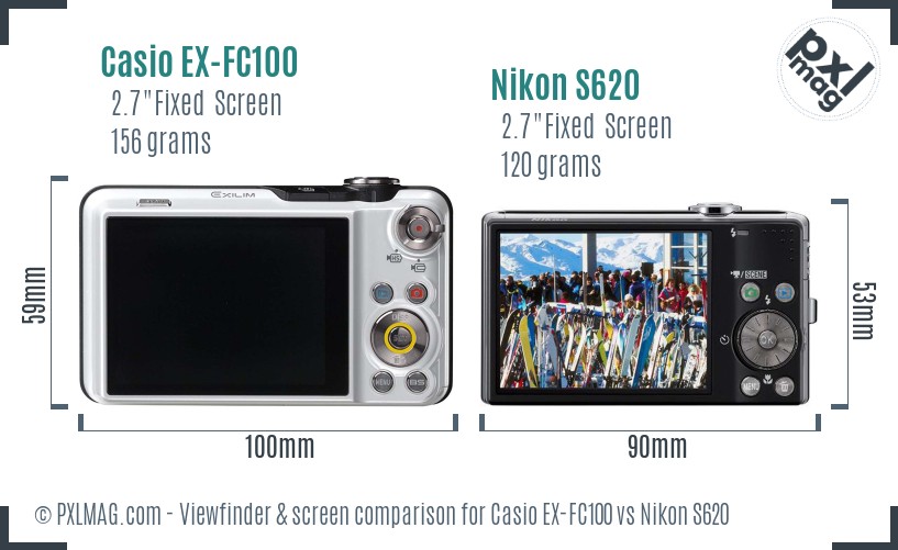 Casio EX-FC100 vs Nikon S620 Screen and Viewfinder comparison