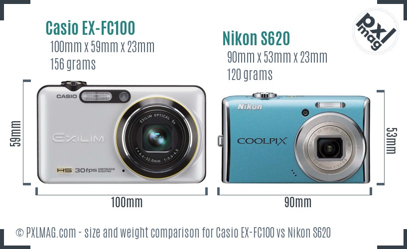 Casio EX-FC100 vs Nikon S620 size comparison