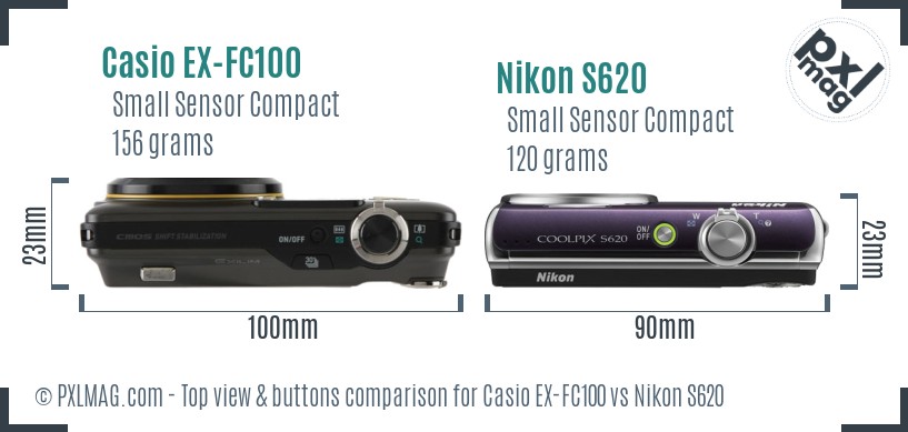 Casio EX-FC100 vs Nikon S620 top view buttons comparison