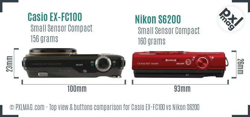 Casio EX-FC100 vs Nikon S6200 top view buttons comparison