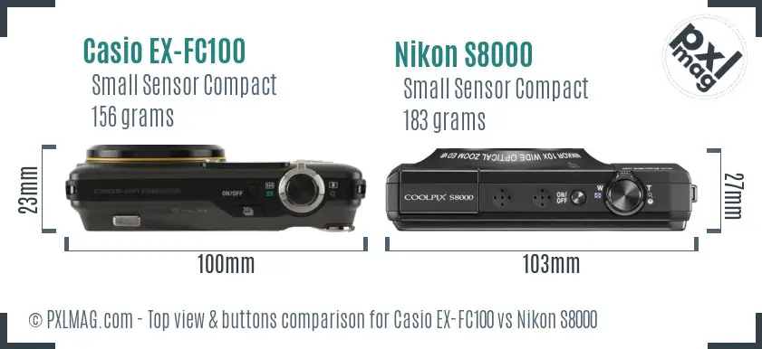 Casio EX-FC100 vs Nikon S8000 top view buttons comparison Casio EX-FC100 vs Nikon S8000 top view buttons comparison