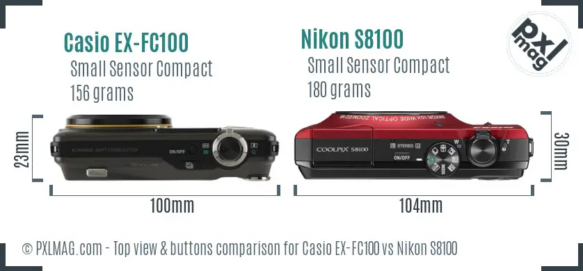 Casio EX-FC100 vs Nikon S8100 top view buttons comparison
