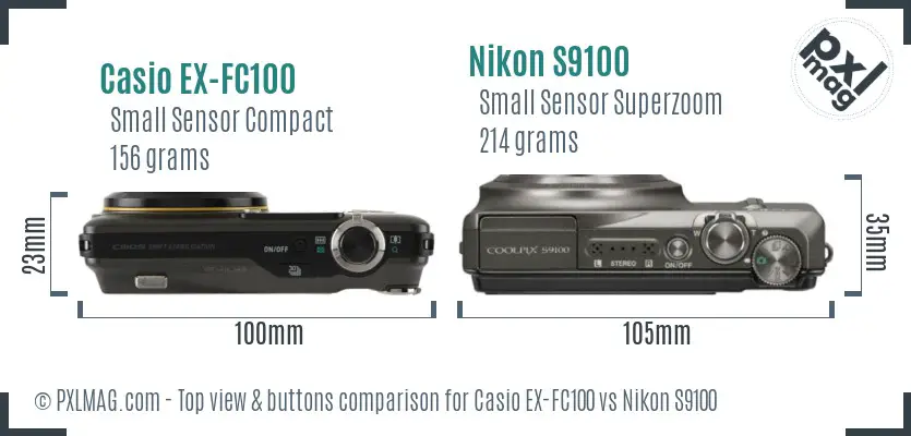 Casio EX-FC100 vs Nikon S9100 top view buttons comparison