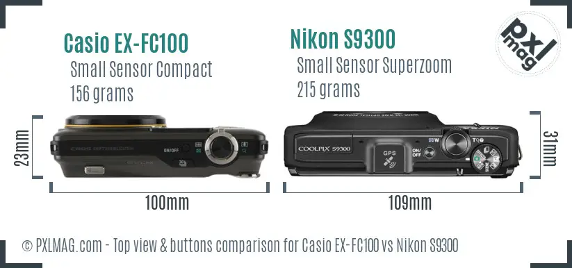 Casio EX-FC100 vs Nikon S9300 top view buttons comparison