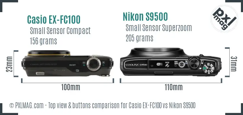 Casio EX-FC100 vs Nikon S9500 top view buttons comparison