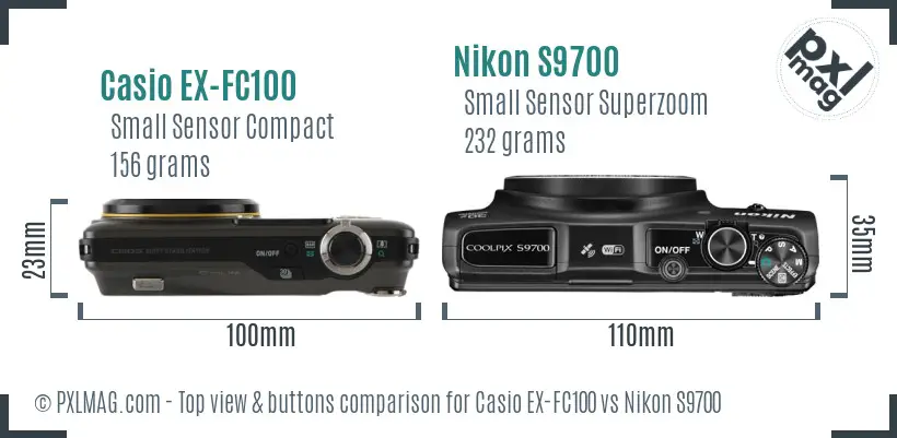 Casio EX-FC100 vs Nikon S9700 top view buttons comparison