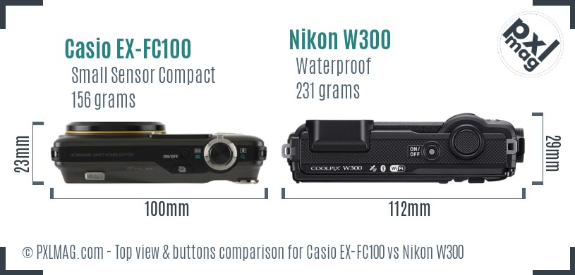 Casio EX-FC100 vs Nikon W300 top view buttons comparison
