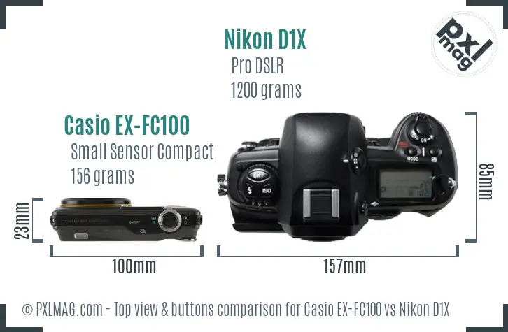 Casio EX-FC100 vs Nikon D1X top view buttons comparison