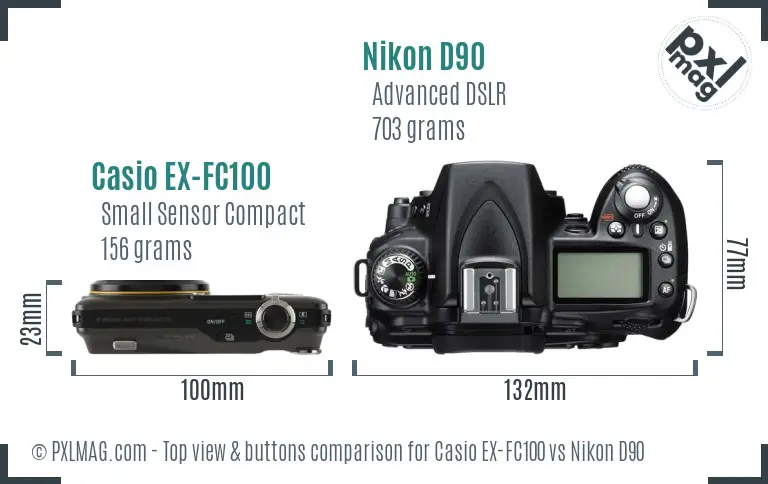 Casio EX-FC100 vs Nikon D90 top view buttons comparison