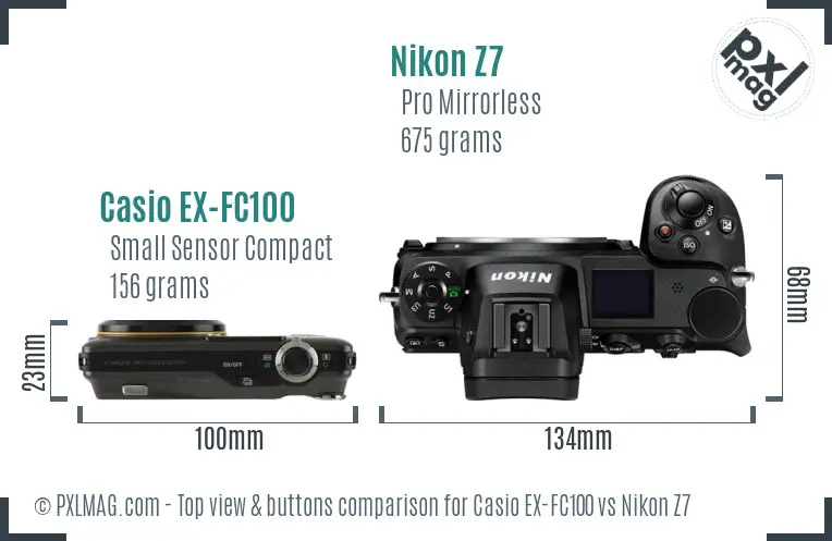 Casio EX-FC100 vs Nikon Z7 top view buttons comparison