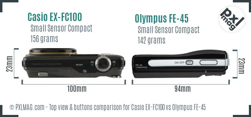 Casio EX-FC100 vs Olympus FE-45 top view buttons comparison Casio EX-FC100 vs Olympus FE-45 top view buttons comparison