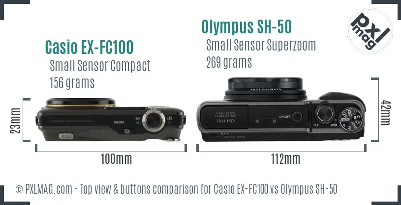 Casio EX-FC100 vs Olympus SH-50 top view buttons comparison