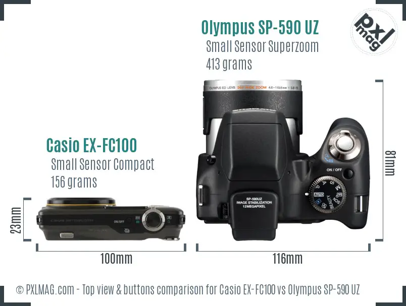Casio EX-FC100 vs Olympus SP-590 UZ top view buttons comparison