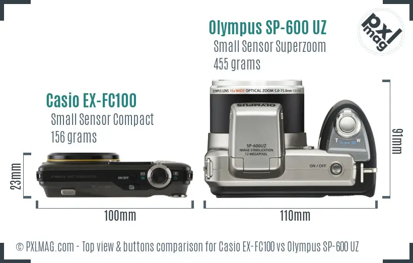 Casio EX-FC100 vs Olympus SP-600 UZ top view buttons comparison Casio EX-FC100 vs Olympus SP-600 UZ top view buttons comparison