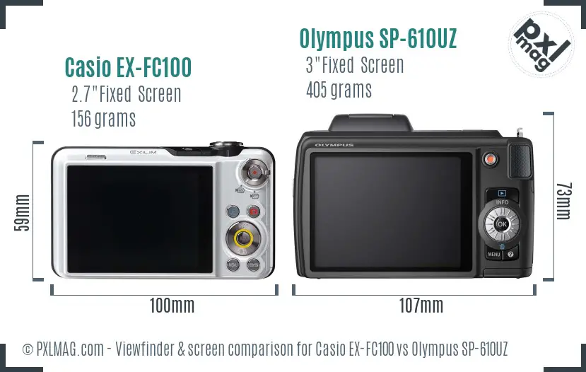 Casio EX-FC100 vs Olympus SP-610UZ Screen and Viewfinder comparison