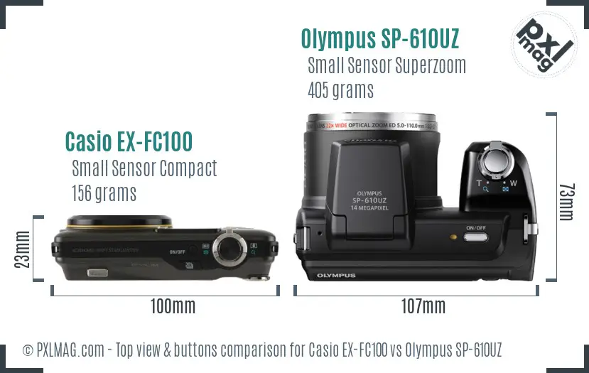 Casio EX-FC100 vs Olympus SP-610UZ top view buttons comparison