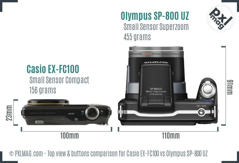 Casio EX-FC100 vs Olympus SP-800 UZ top view buttons comparison
