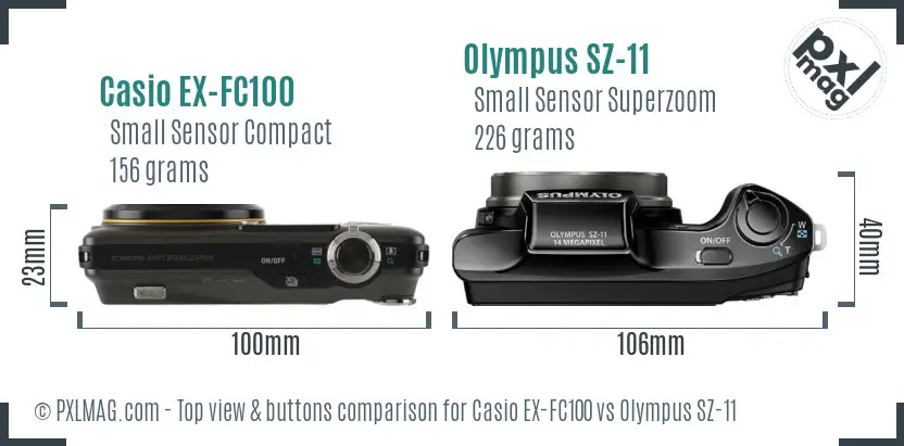 Casio EX-FC100 vs Olympus SZ-11 top view buttons comparison