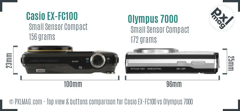 Casio EX-FC100 vs Olympus 7000 top view buttons comparison Casio EX-FC100 vs Olympus 7000 top view buttons comparison