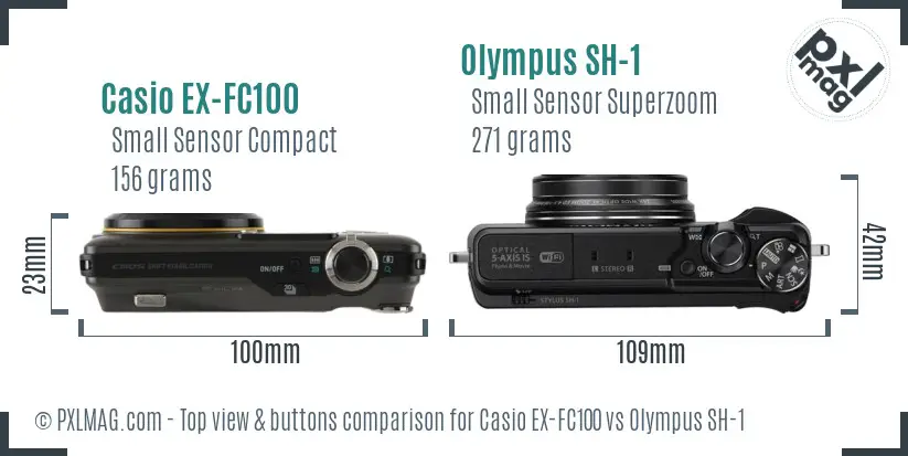 Casio EX-FC100 vs Olympus SH-1 top view buttons comparison