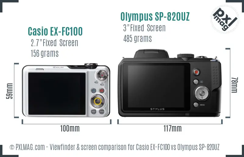Casio EX-FC100 vs Olympus SP-820UZ Screen and Viewfinder comparison