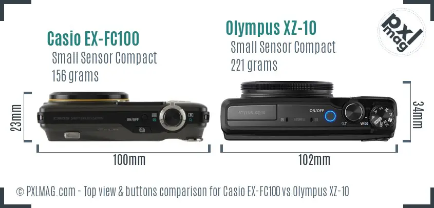 Casio EX-FC100 vs Olympus XZ-10 top view buttons comparison Casio EX-FC100 vs Olympus XZ-10 top view buttons comparison