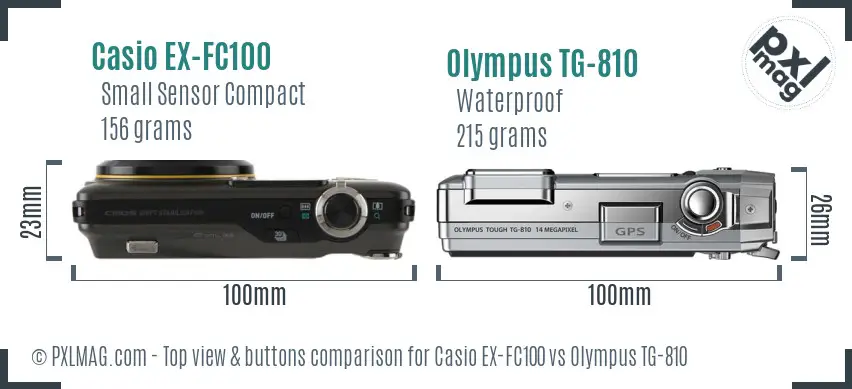 Casio EX-FC100 vs Olympus TG-810 top view buttons comparison Casio EX-FC100 vs Olympus TG-810 top view buttons comparison