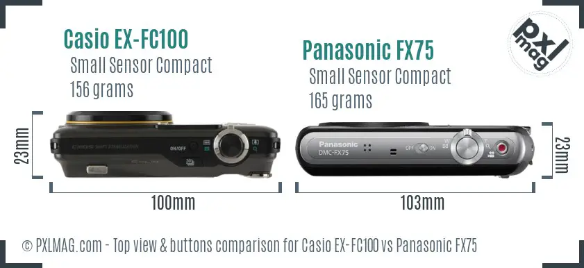 Casio EX-FC100 vs Panasonic FX75 top view buttons comparison Casio EX-FC100 vs Panasonic FX75 top view buttons comparison