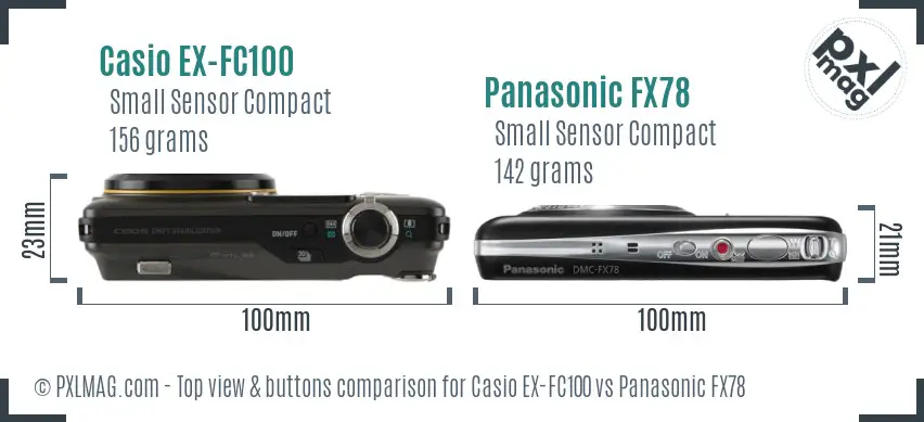 Casio EX-FC100 vs Panasonic FX78 top view buttons comparison Casio EX-FC100 vs Panasonic FX78 top view buttons comparison
