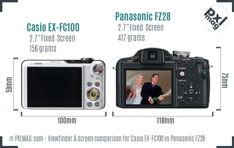 Casio EX-FC100 vs Panasonic FZ28 Screen and Viewfinder comparison