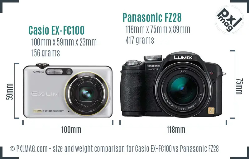 Casio EX-FC100 vs Panasonic FZ28 size comparison