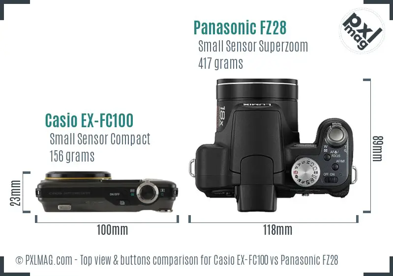 Casio EX-FC100 vs Panasonic FZ28 top view buttons comparison