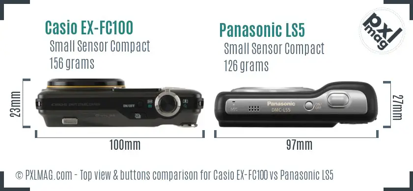 Casio EX-FC100 vs Panasonic LS5 top view buttons comparison Casio EX-FC100 vs Panasonic LS5 top view buttons comparison