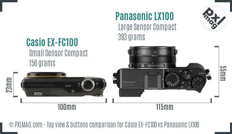 Casio EX-FC100 vs Panasonic LX100 top view buttons comparison