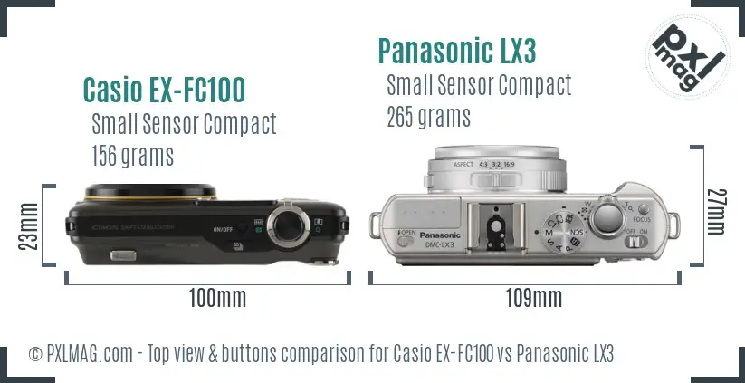 Casio EX-FC100 vs Panasonic LX3 top view buttons comparison