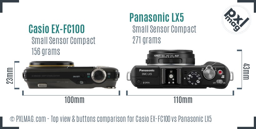Casio EX-FC100 vs Panasonic LX5 top view buttons comparison
