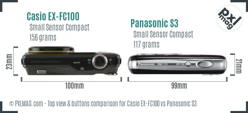 Casio EX-FC100 vs Panasonic S3 top view buttons comparison Casio EX-FC100 vs Panasonic S3 top view buttons comparison