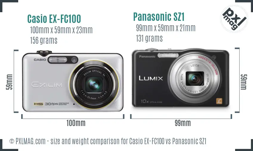 Casio EX-FC100 vs Panasonic SZ1 size comparison