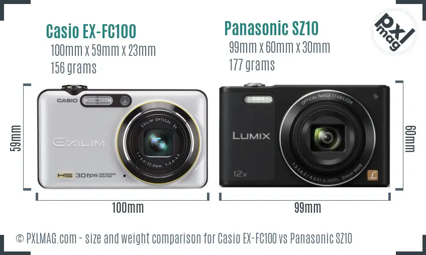 Casio EX-FC100 vs Panasonic SZ10 size comparison