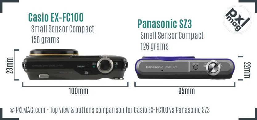 Casio EX-FC100 vs Panasonic SZ3 top view buttons comparison Casio EX-FC100 vs Panasonic SZ3 top view buttons comparison
