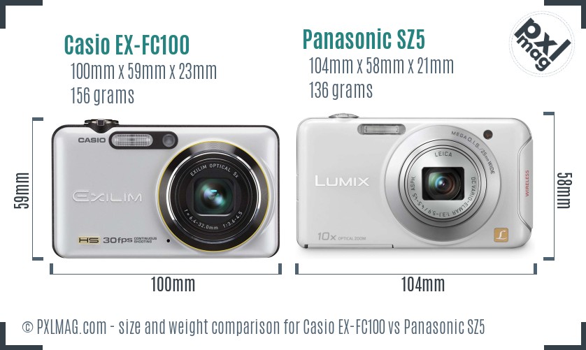 Casio EX-FC100 vs Panasonic SZ5 size comparison